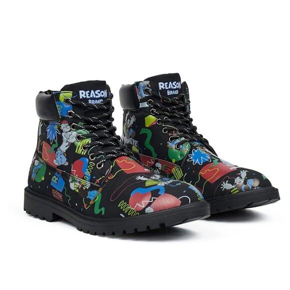 Popeye X Reason Collab Faux Suede Graffiti Print Boots Black Mens 10.5 - Picture 1 of 8